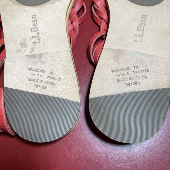 L.L.Bean Sandals Womens 7M Red Leather Flat Tassel Slingback Bow Artsy Boho - Picture 5 of 9